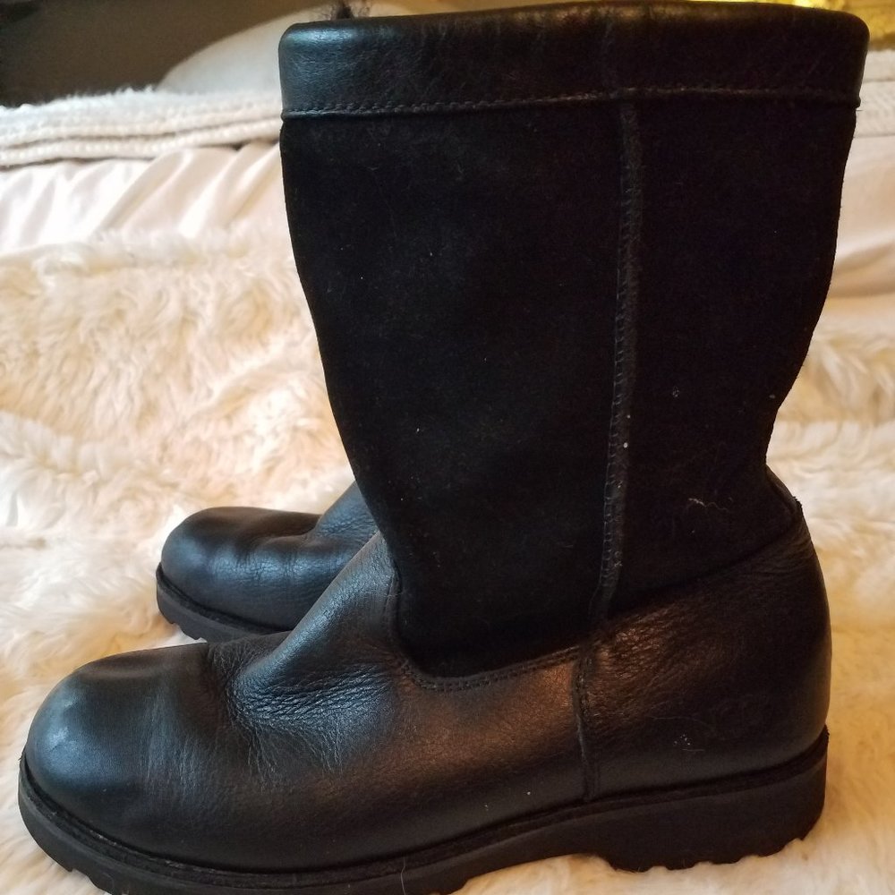 🌺 (CHILD) UGG BOOTS - Short Black Ankle Leather Shearling Sheepskin